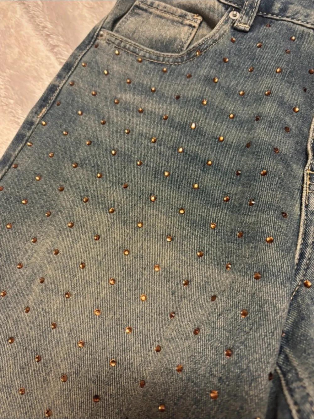 Ashley Mason Faded Jeans with Gold Crystal Accents